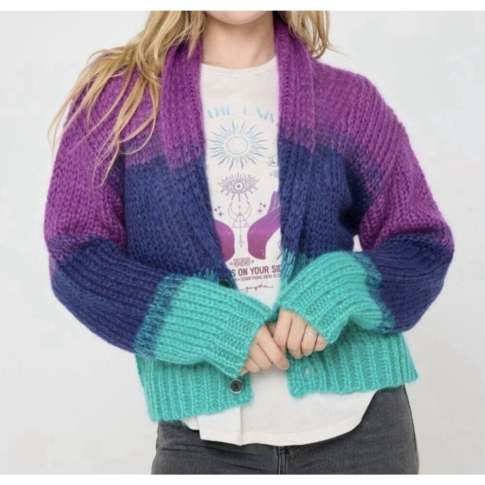 SPIRITUAL GANGSTER New Royce Stripe Cardigan MEDIUM Mohair Wool Blend Colorblock - Picture 4 of 9